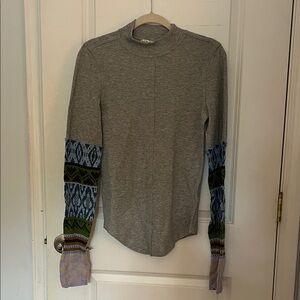 Free People Gray Top with Colorful Patterned Sleeves